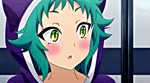 a girl with green hair and a purple hoodie