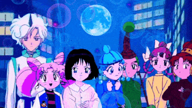 a group of anime characters are standing in front of a blue moon