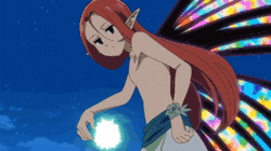 a cartoon character with red hair and wings is standing in the dark