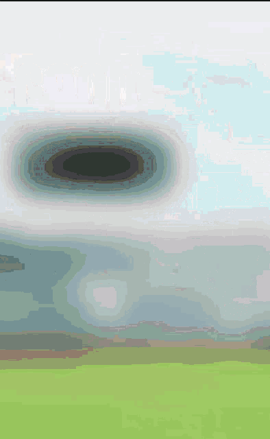 a painting of a green field with a large black hole in the sky