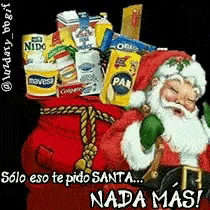 a cartoon of santa claus holding a bag full of groceries
