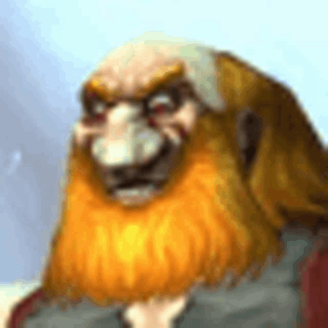 a close up of a cartoon character with an orange beard and a serious look on his face .
