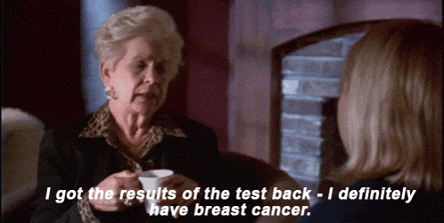 an elderly woman is talking to another woman and says " i got the results of the test back "
