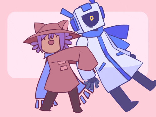 a cartoon drawing of a girl and a robot with the letter o on their faces