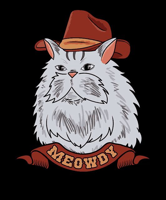a drawing of a cat wearing a cowboy hat with the word meowdy on a banner