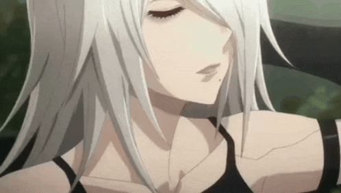 a close up of a girl with white hair