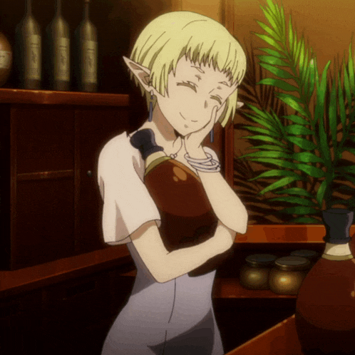 a girl with blonde hair is holding a bottle of wine in her arms