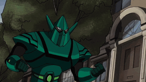 a cartoon of a man in a yellow and black jacket fighting a green robot