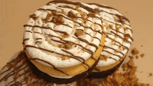 a close up of a cookie with chocolate drizzle