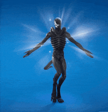 a skeleton with wings is standing on a blue surface