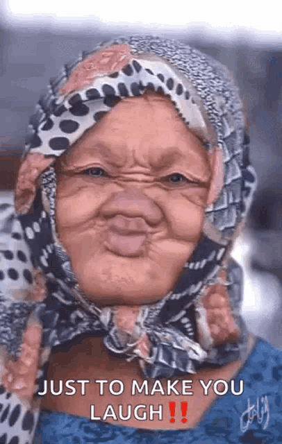 an elderly woman wearing a scarf on her head is making a funny face .