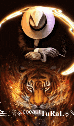 a man in a hat sits on a tiger 's back with the words cocap tural on the bottom