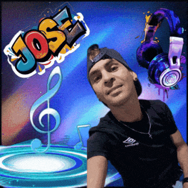 a man wearing headphones and a black shirt with the word jose above him