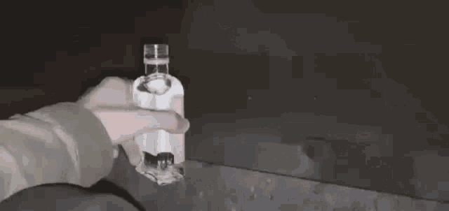 a person is holding a bottle of alcohol in their hand .