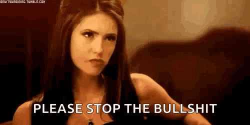 a woman is sitting on a couch and making a funny face while saying `` please stop the bullshit '' .