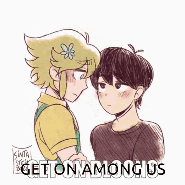 a drawing of a boy and a girl with the words get on among us above them