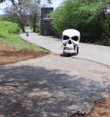 a large white skull sits on the side of the road