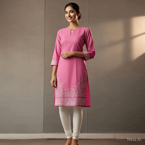 a woman in a pink dress and white leggings is standing in front of a wall that says meta ai