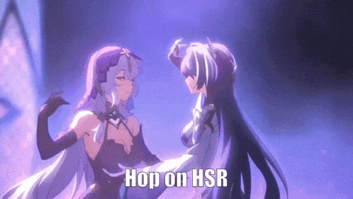 two anime girls are dancing with the words hop on hsr in the background .