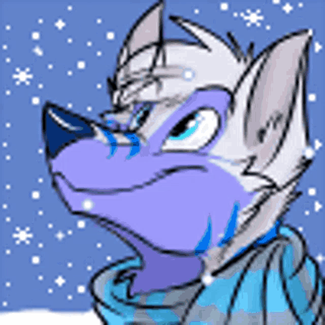 a drawing of a wolf with a purple face and blue eyes