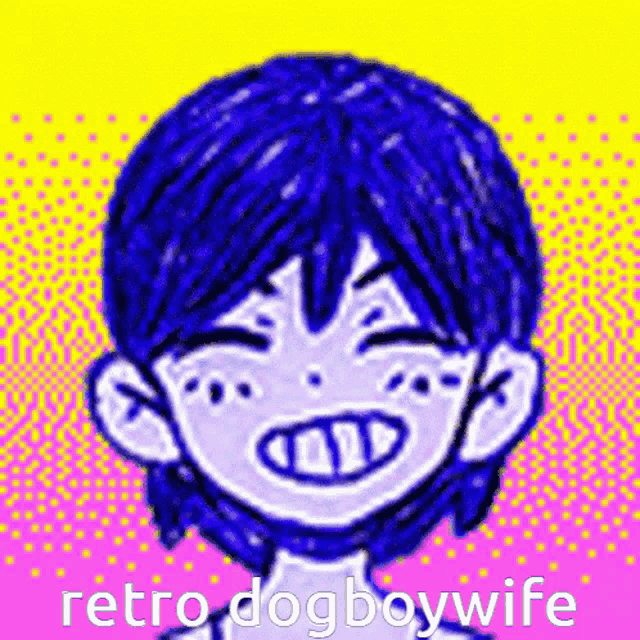a drawing of a boy with blue hair and the words `` retro dogboywife '' on the bottom .