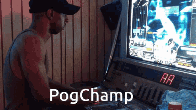 a man playing a video game with the words " pogchamp " on the bottom
