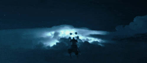 a person flying through the air with a lightning bolt behind them