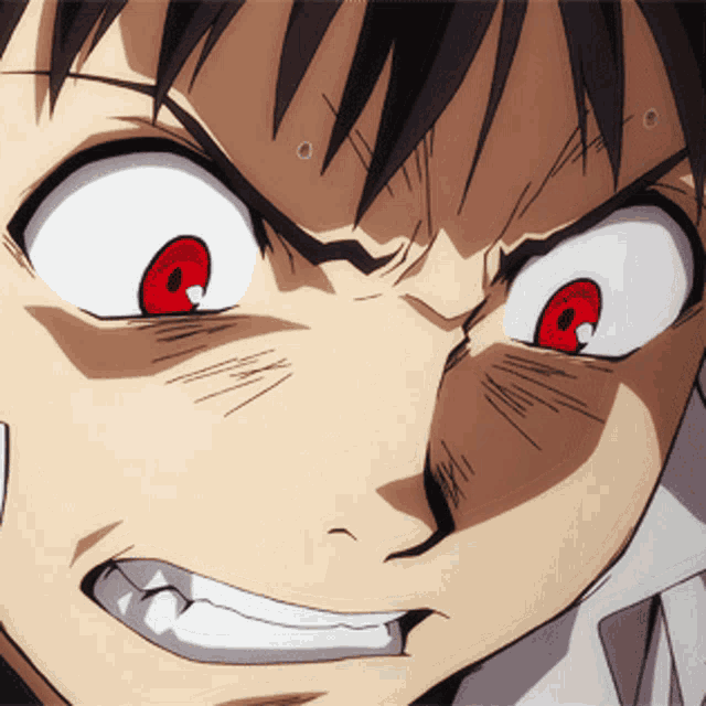 a close up of a person with red eyes