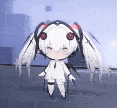 a little girl with white hair and red eyes is standing on a gray surface .