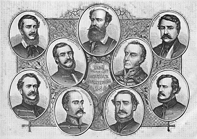 a black and white drawing of a group of men with beard and mustaches .