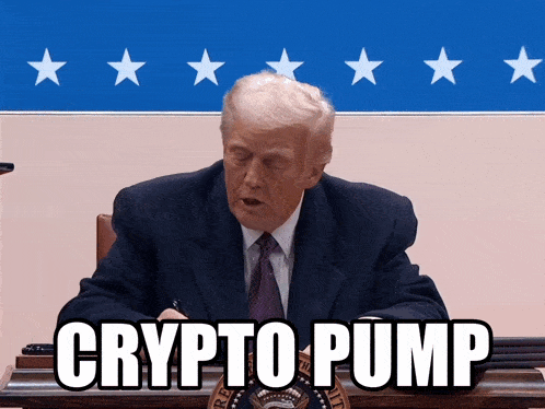 a man in a suit and tie is sitting at a desk with a sign that says crypto pump