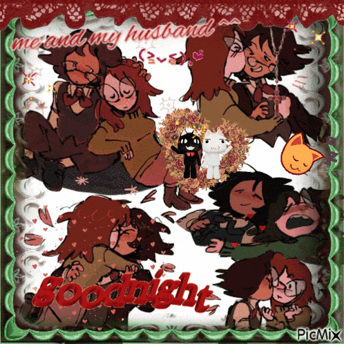 a cartoon drawing of a couple kissing with the words " me and my husband goodnight " at the bottom