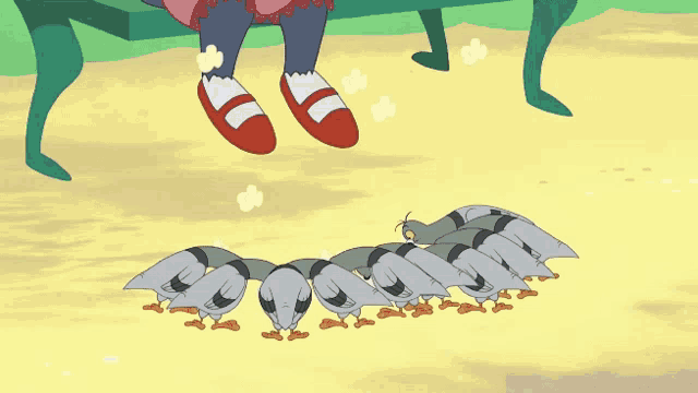 a cartoon of a girl sitting on a bench with a bunch of pigeons around her