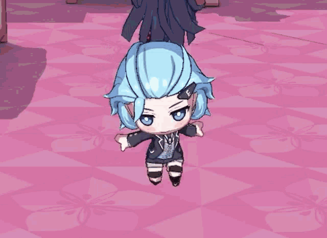 a cartoon character with blue hair and blue eyes is standing on a pink floor