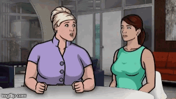 two women are sitting at a table talking to each other in a cartoon .