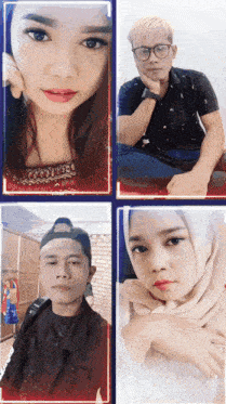 a collage of four pictures of people including a woman wearing a hijab and a man wearing glasses