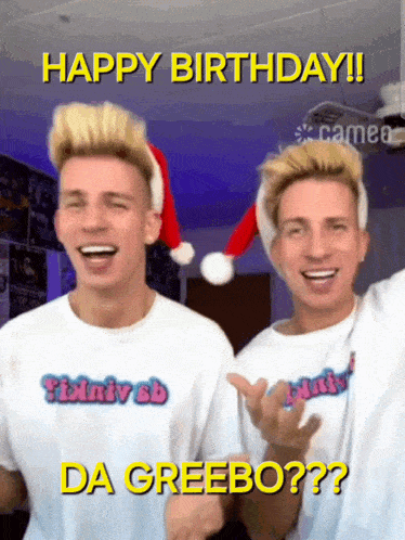 two guys wearing santa hats and shirts that say happy birthday