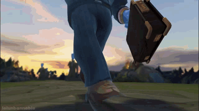 a cartoon character is walking with a briefcase in his hand and the words lolunbannable are on the bottom of the screen