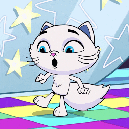 a white cat with blue eyes is standing on a colorful tiled floor