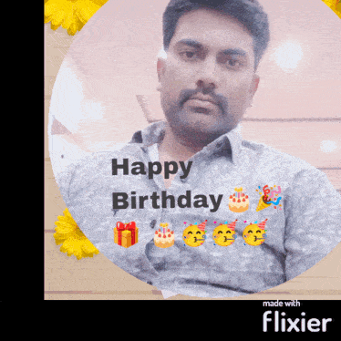 a man in a gray shirt is surrounded by emojis and the words happy birthday