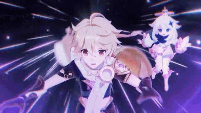a boy and a girl are flying through the air in a video game .