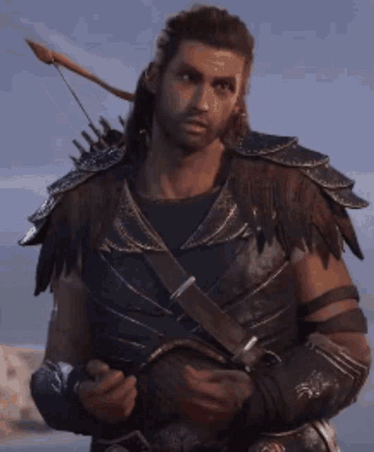 a man in armor is holding a knife and a bow .