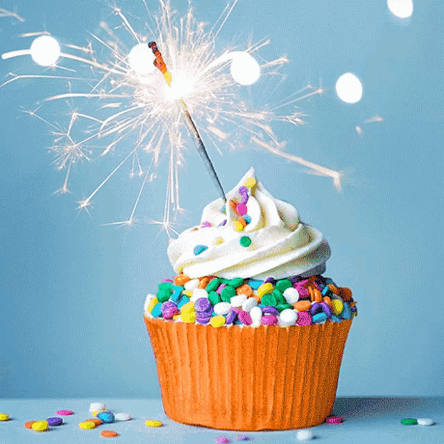 a birthday cupcake with a sparkler on top