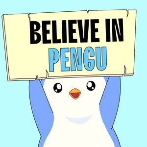 a cartoon penguin holds up a sign that says believe in pengu