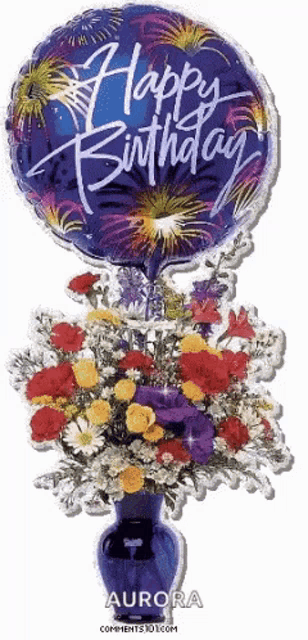 a blue vase with flowers and a balloon that says happy birthday