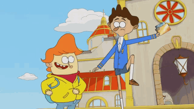 two cartoon characters standing in front of a castle