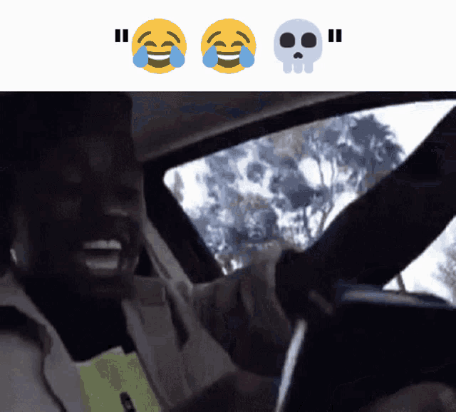 a man in a car with two smiley faces and a skull on the bottom right