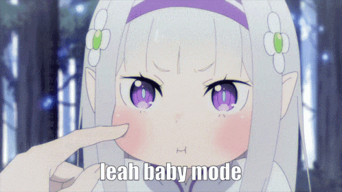 a little girl with purple eyes is being touched by someone 's finger and the caption reads leah baby mode