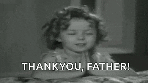 a little girl is praying with the words thank you father written above her