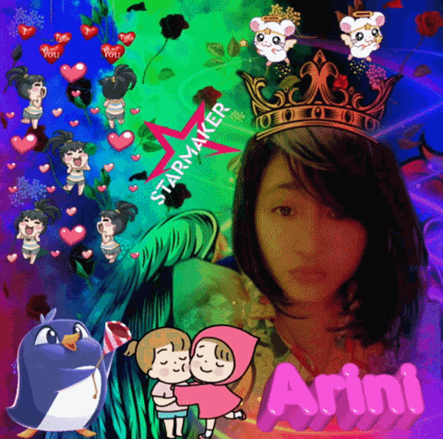 a girl with a crown on her head is surrounded by cartoon characters and the name arin on the bottom